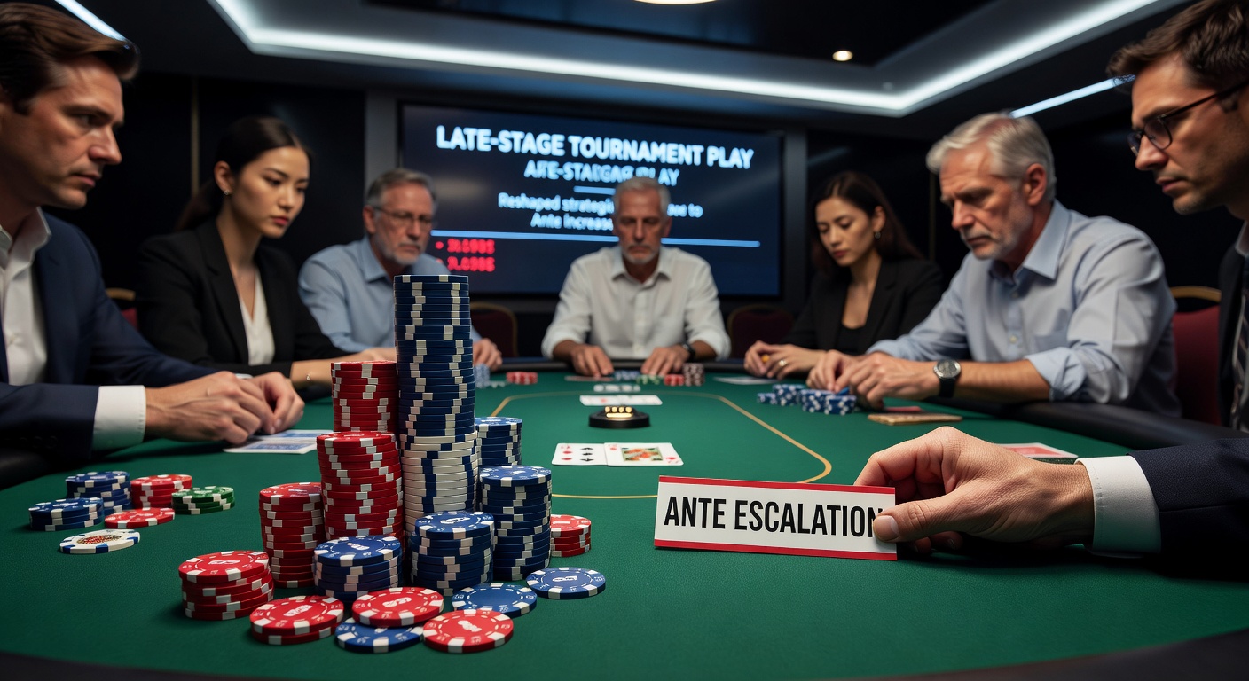 Spieler am Pokertisch mit tiefen Stacks während einer intensiven Late-Stage-Hand, Stapel von Chips im Vordergrund