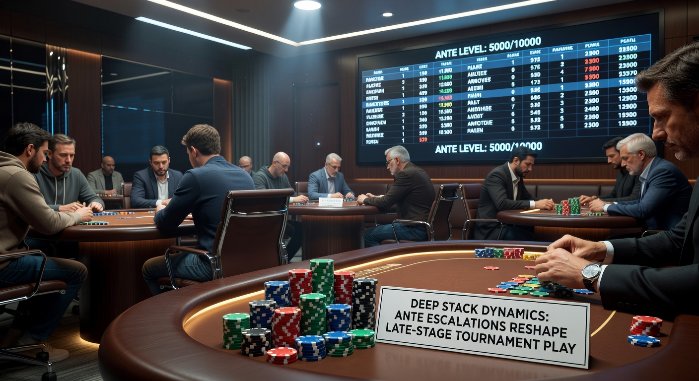 Detaillierte Chip-Stapel-Analyse in einem Deep-Stack-Turnier, Grafik mit Ante-Einfluss auf Pot-Größen