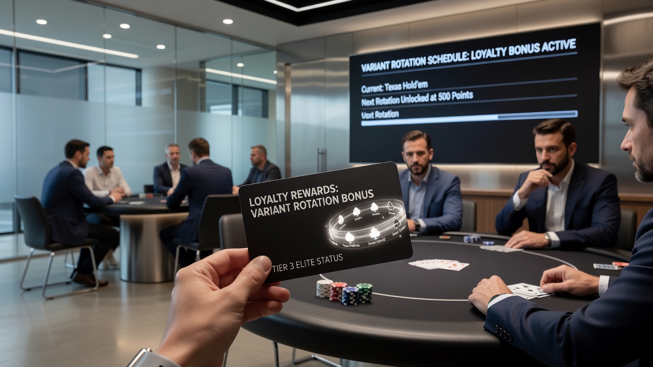 Spieler an rotierenden Pokertischen mit Treuekarten in der Hand