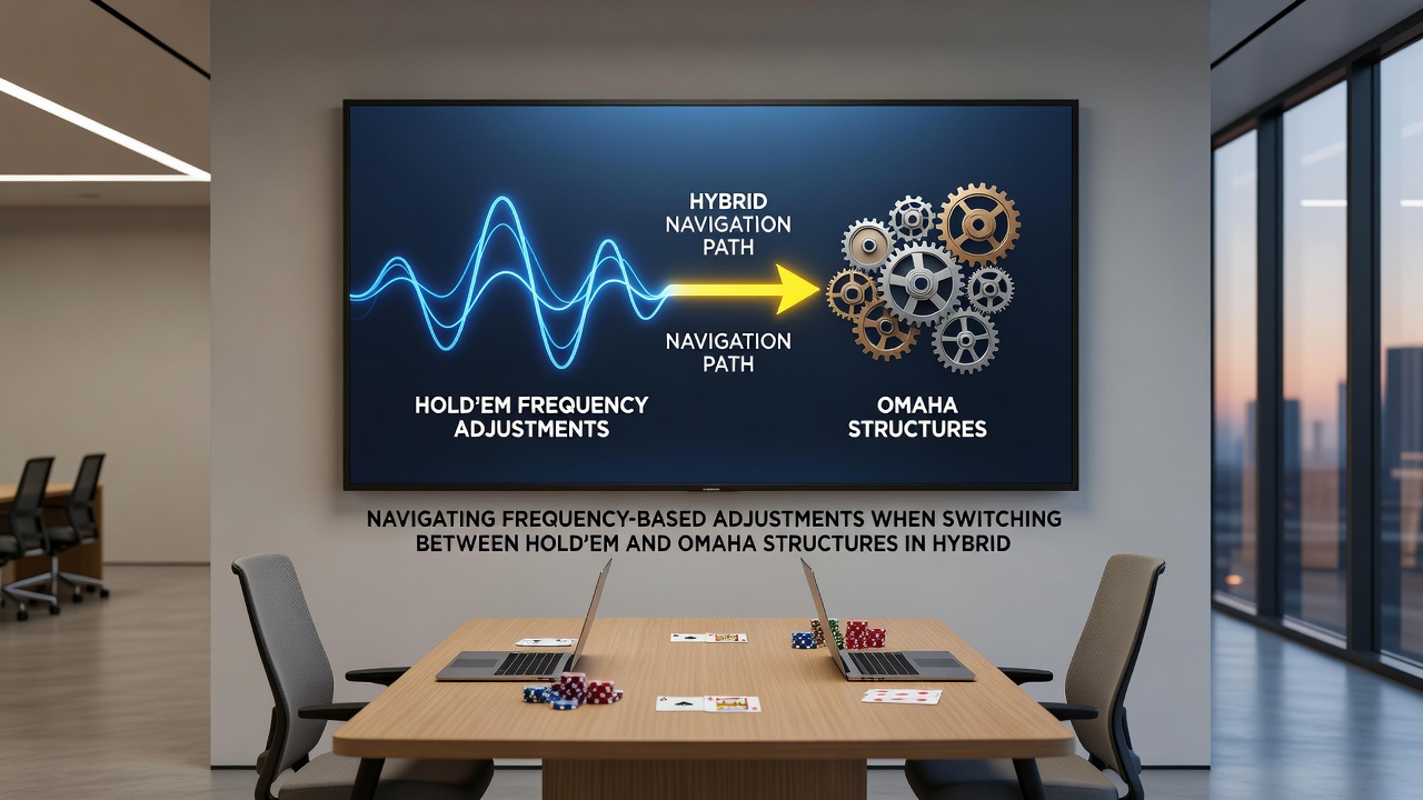 Detailansicht eines Pokertisches mit Frequenzdiagrammen und Anpassungsstrategien in Hold'em sowie Omaha