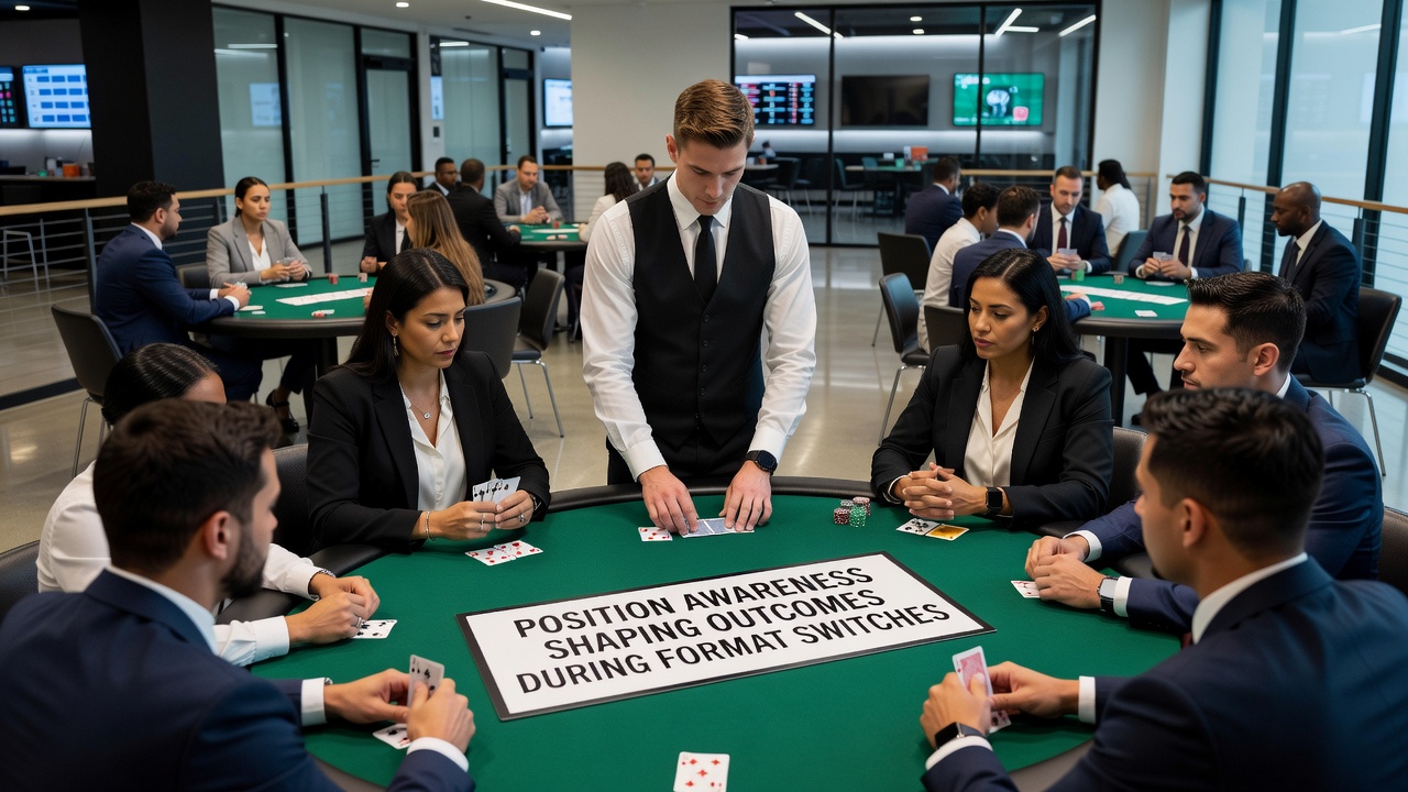 Detailansicht eines Pokertisches mit Chips und Karten während eines Formatwechsels in einem Brick-and-Mortar-Club