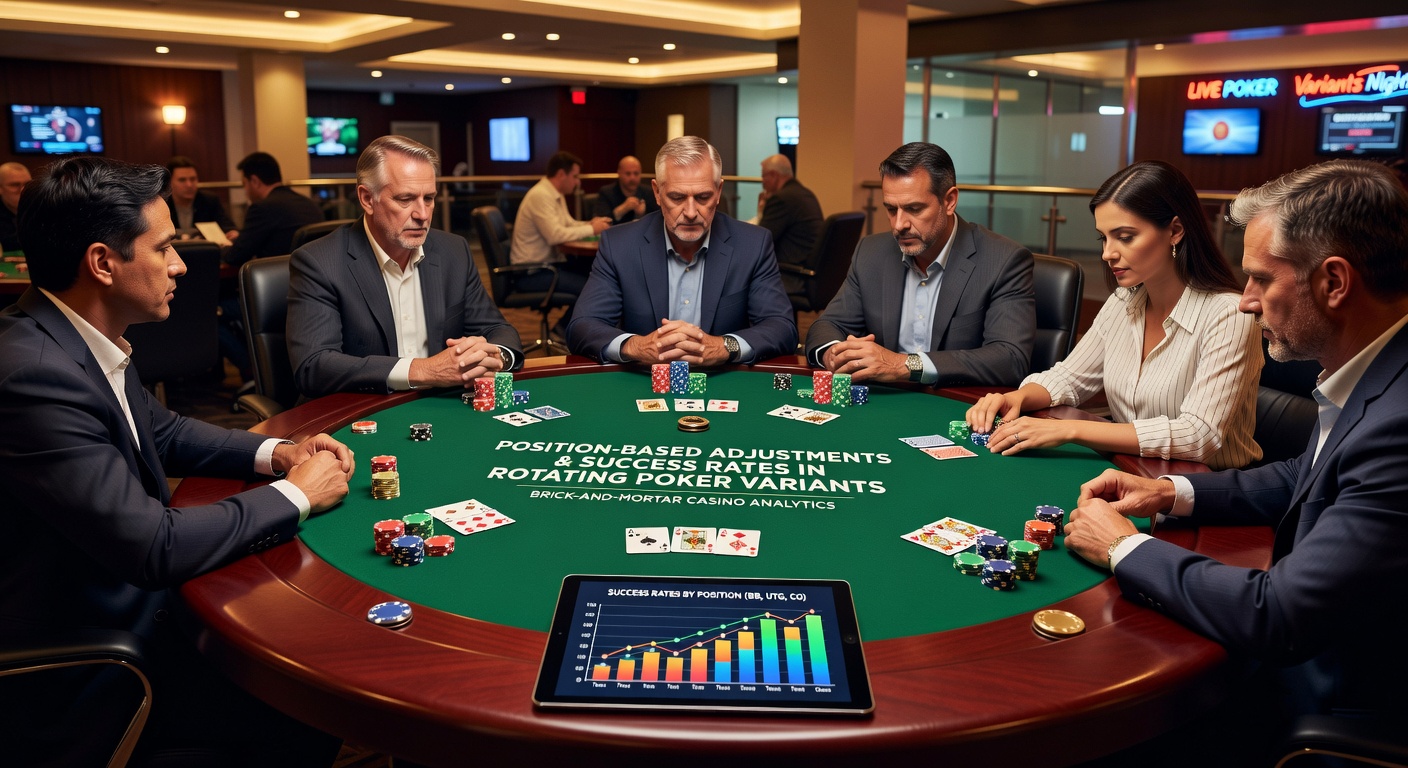 Detailaufnahme eines Pokertisches mit Chips und Karten bei rotierender Variante in einem Brick-and-Mortar-Casino