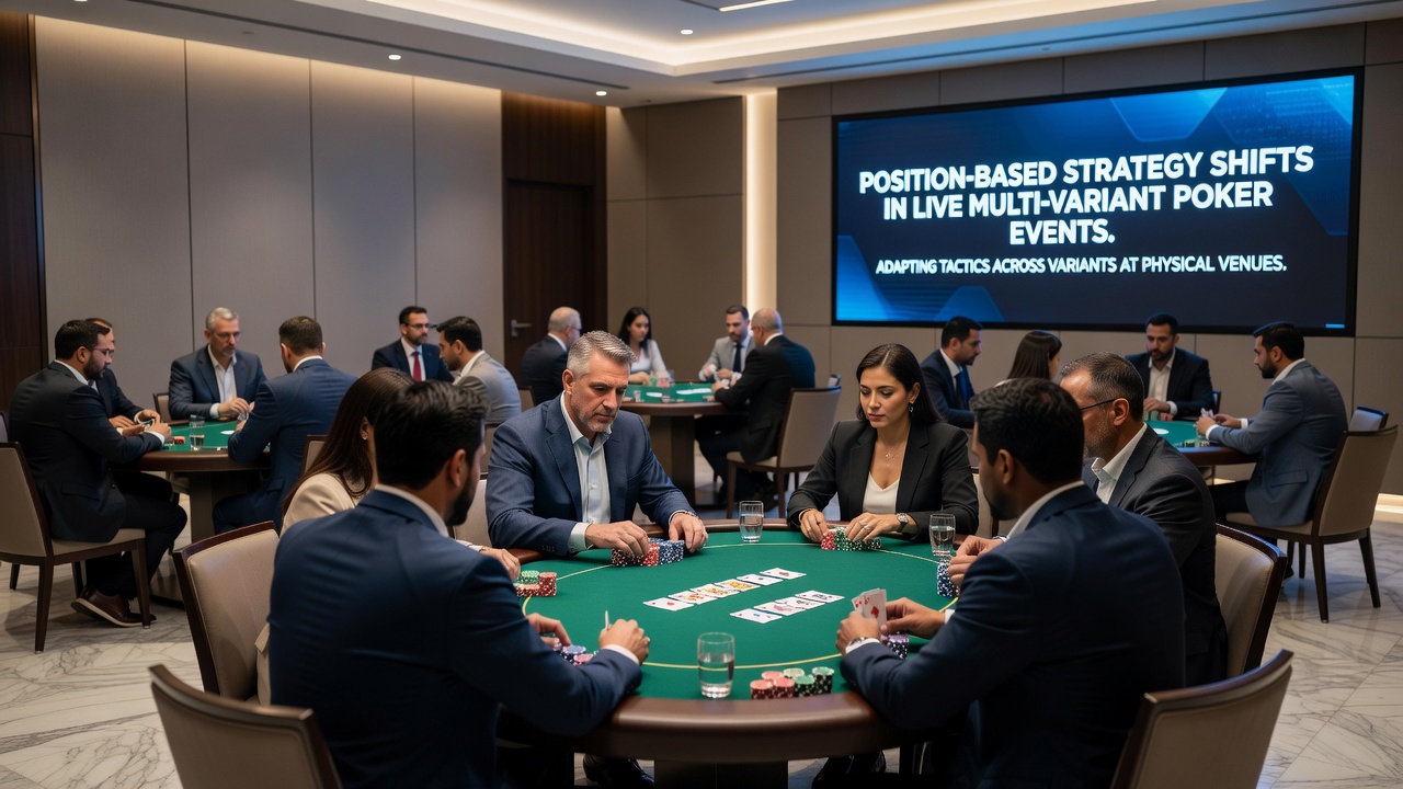 Detailaufnahme eines Live-Poker-Tisches während einer Variantenrotation mit Fokus auf Spielerpositionen