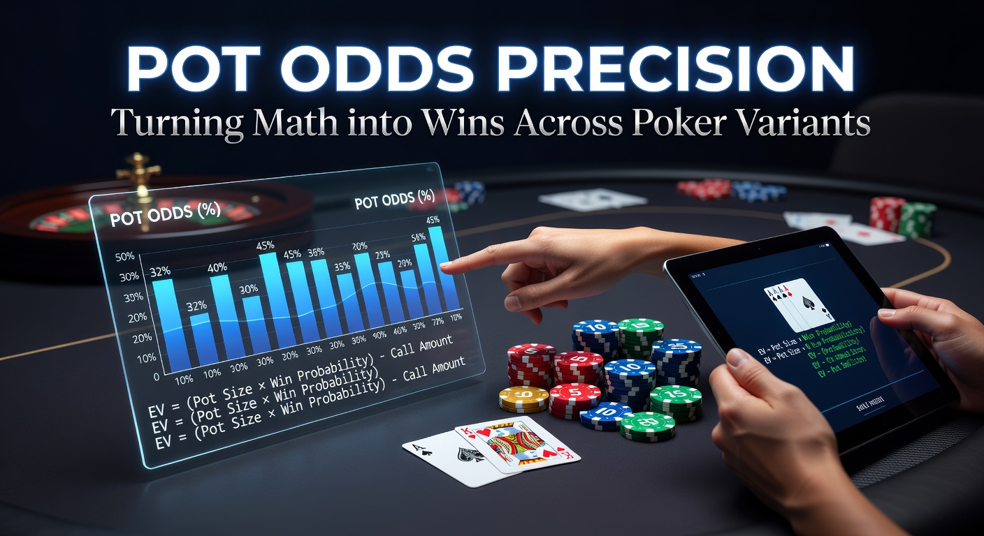 Grafik zur Berechnung von Pot Odds in einem Poker-Spiel mit Stapel von Chips und Karten auf dem Tisch