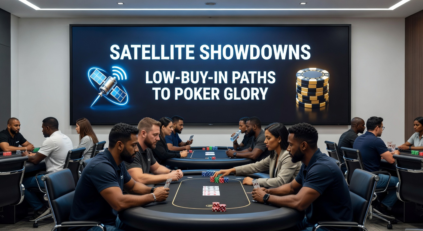 Gruppe von Poker-Spielern in einem vollen Saal bei einem Satelliten-Turnier, mit Bildschirmen und jubelnden Gesichtern